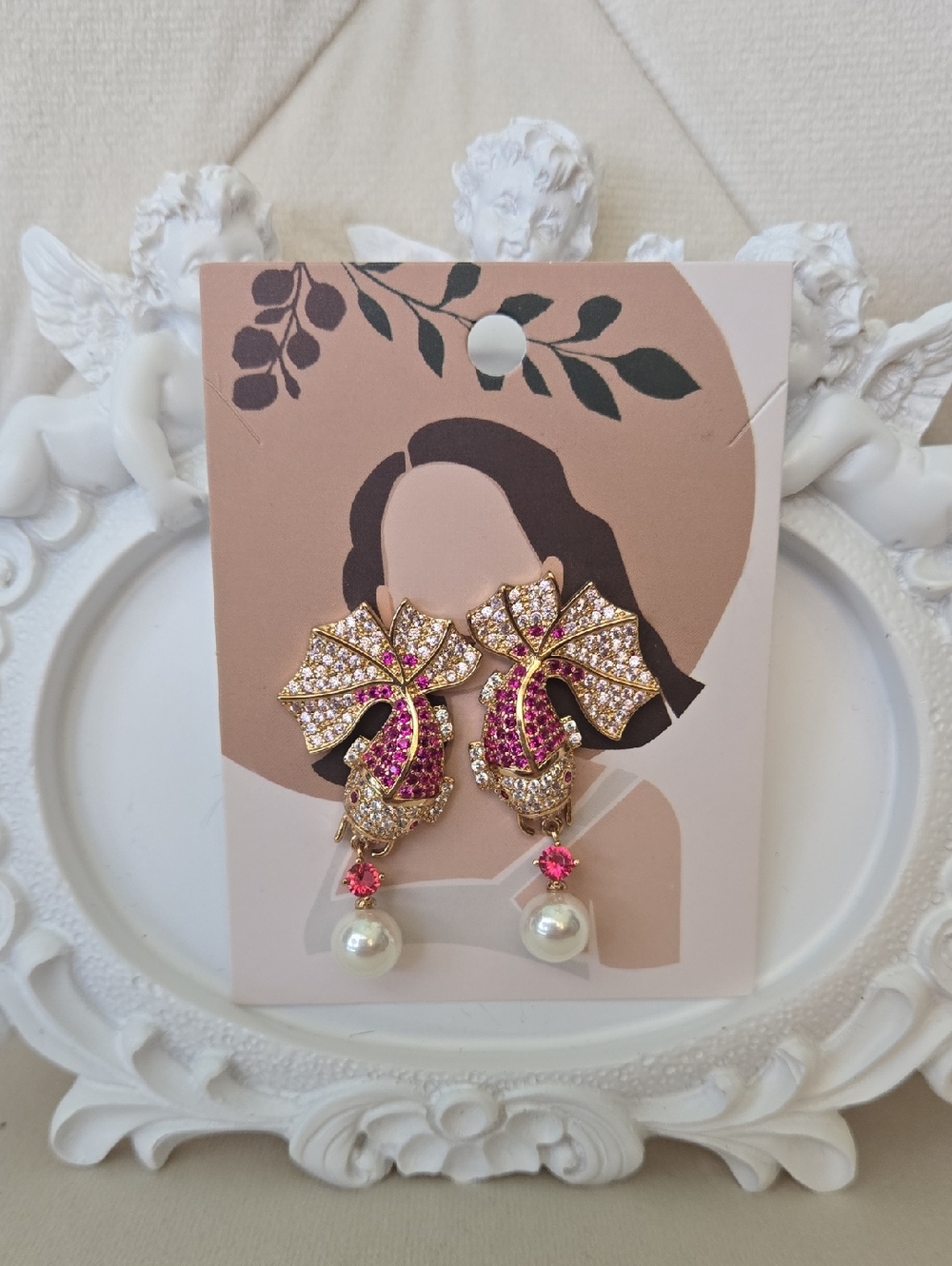 Khoi Fish Stunning Spring Gold Post Earrings In Ruby Crystal W/ Pearl Charm, NWT